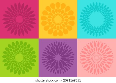 Set of flat Spring flower icons in silhouette isolated on colorful background. Cute retro illustrations in bright colors for stickers, labels, tags, scrapbooking