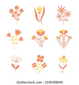 Set of flat Spring flower icons in silhouette isolated on white. Cute illustrations in bright colors for stickers, labels, tags, scrapbooking.