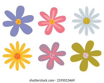 Set of flat Spring flower icons in silhouette isolated on white. Cute retro illustrations in bright colors for stickers, labels, tags, scrapbooking.