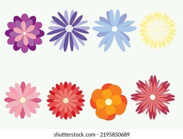 Set of flat Spring flower icons in silhouette isolated on white.Cute retro illustrations in bright colors for stickers.