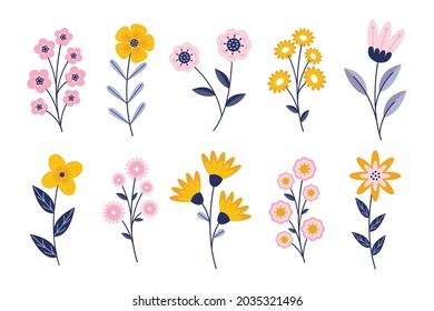 conjunto de diseño de ilustraciones florales de primavera plana, vector de colección de flores simple