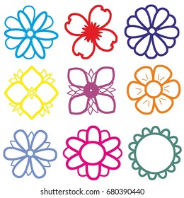 Set of flat Spring flower vector icons in silhouette isolated on white. Cute retro illustrations in bright colors for stickers, labels, tags, scrapbooking, banner decoration.