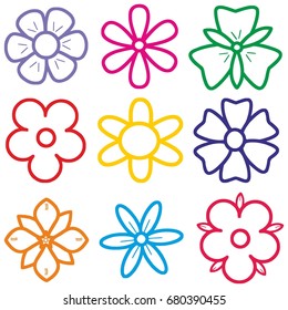 Set of flat Spring flower vector icons in silhouette isolated on white. Cute retro illustrations in bright colors for stickers, labels, tags, scrapbooking, banner decoration.