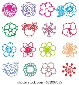 Set of flat Spring flower vector icons in silhouette isolated on white. Cute retro illustrations in bright colors for stickers, labels, tags, scrapbooking, banner decoration.