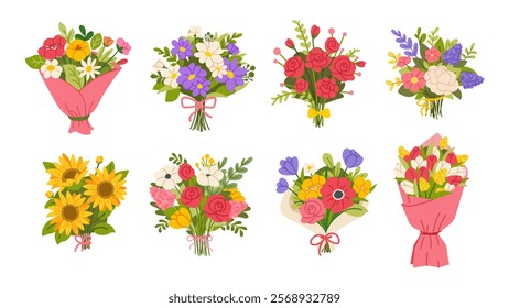 Set of flat spring flowers and bouquets. Flowers for Women's Day, Mother's Day. Vector botanical elements