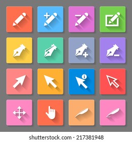 Set of flat square buttons with cursors on the gray background