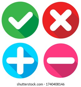 Set of flat square check mark, X mark, plus sign and minus sign icons, buttons isolated on a white background. EPS10 vector file.