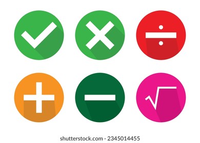 Conjunto de marcas de verificación cuadradas planas, marca X, signo dividido, signo raíz, signo más iconos de signo y signo menos aislados en un fondo blanco.