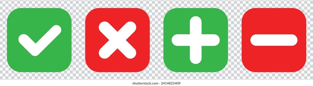 Set of flat square check mark, X mark, plus sign and minus sign icons, buttons isolated on a white background. EPS10 vector file