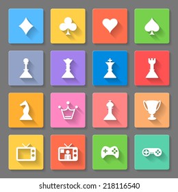 Set of flat square  icons  with games  on  gray background