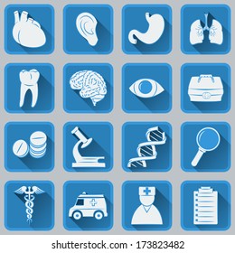 A set of flat square icons on medical subjects. Blue and gray color trendy design. Vector illustration