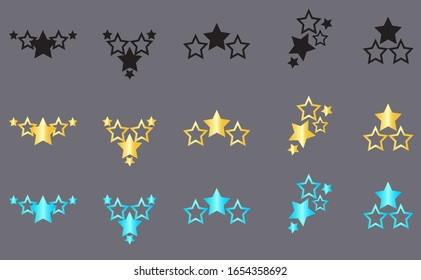 set of flat star icons. Black,  blue, yellow stars on  a gray background.