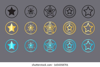 conjunto de iconos de estrella plana. Estrellas negras, azules y amarillas en un fondo gris. Estrellas en círculo.