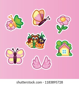 Set flat stickers beautiful butterfly, wildflowers, wild forest animals and summer cottage on pink background. Animals and insects, summer nature concept