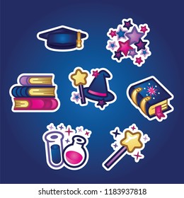 Set flat stickers. Books and textbooks, academic and magician cap, magic wand and spells. Study, education, learning, school of wizards and back to school concept