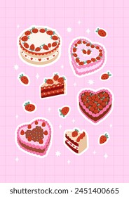 Conjunto de pegatinas planas con pasteles lindos, rebanadas y bayas sobre fondo a cuadros. Pasteles con Ilustración vectorial de fresas