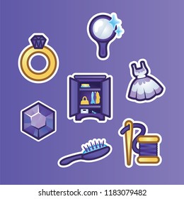 Set flat stickers golden ring, diamond, mirror, dress, wardrobe, hairbrush and thread with a needle. Female accessories, fashion and style, outline illustration in flat style