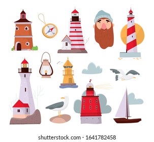 Set of flat stickers, lighthouses, sailboat, seagull, compass, fisherman and lantern. All objects isolated. Trendy vector illustration.