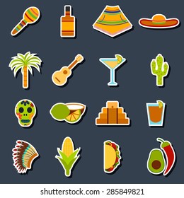 Set of flat stickers on Mexica theme: sombrero, poncho, tequila, coctails, taco, skull, guitar, pyramid, avocado, lemon, chilli pepper, cactus, injun hat, palm. Isolated national mexican objects in