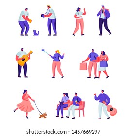 Set of Flat Street Musicians and Pedestrians Characters. Cartoon Guitarist and Saxophonist Playing Music, People Watch Concert, Put Money in Hat. Vector Illustration.