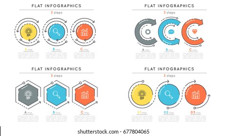 Set of flat style 3 steps timeline infographic templates. Thin line business presentation concepts. Expanded stroke.