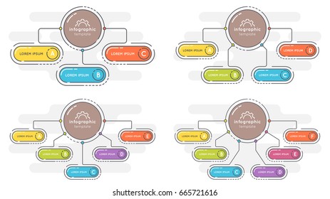 Set of flat style 3-6 options presentation infographic template. Thin line business concept. Expanded stroke.