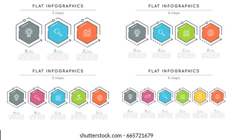 Set of flat style 3-6 steps timeline infographic templates. Thin line business presentation concept. Expanded stroke.