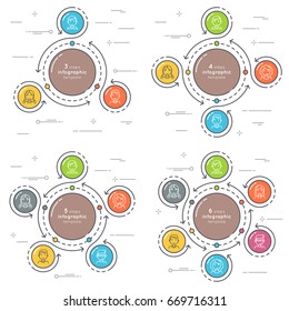 Set of flat style 3-6 steps circle infographic template. Thin line business presentation concept. Expanded stroke.