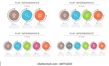 Set of flat style 3-6 steps timeline infographic templates with ellipses and arrows. Thin line business presentation concept. Expanded stroke.