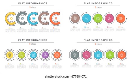 Set of flat style 5 steps timeline infographic templates. Thin line business presentation concepts. Expanded stroke.