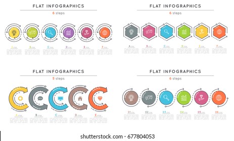 Set of flat style 6 steps timeline infographic templates. Thin line business presentation concepts. Expanded stroke.