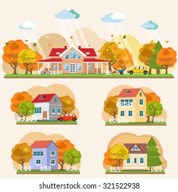 Set of flat style autumn landscapes. Vector illustration