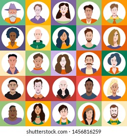 Set of flat style avatars of colorful vector icons. Character set of people.