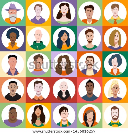 Set of flat style avatars of colorful vector icons. Character set of people.