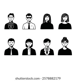 Set of flat style avatars for website, young office workers, black and white vector