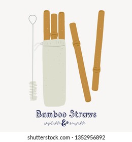 Set of flat style bamboo straws in textile bag with cleaning brush. Cartoon vector objects with hand lettering text Washable and Reusable. Zero waste alternative to plastic tableware. Eco friendly