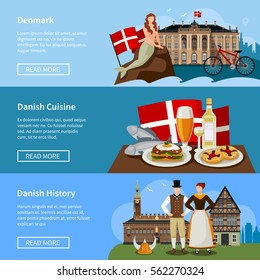 Set of flat style banners with danish landmarks history and cuisine on blue background isolated vector illustration  