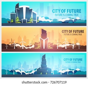 Set of Flat style banners. Modern city houses. Building of future. Architecture of the future