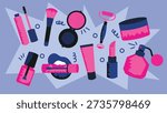 Set of flat style beauty and cosmetics stickers including makeup and skincare products. Colorful modern illustrations with lipstick, mascara, nail polish, perfume, cream jar, mirror and beauty tools. Perfect for social media, beauty blogs, mobile apps, packaging, branding and UI design.