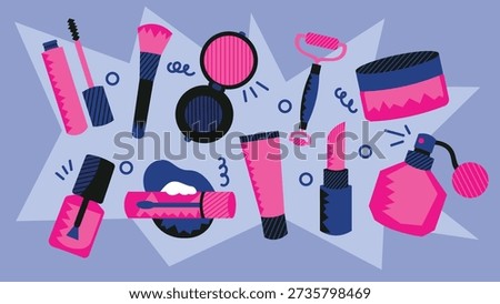Set of flat style beauty and cosmetics stickers including makeup and skincare products. Colorful modern illustrations with lipstick, mascara, nail polish, perfume, cream jar, mirror and beauty tools. Perfect for social media, beauty blogs, mobile apps, packaging, branding and UI design.
