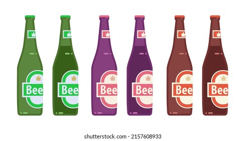 Set of flat style beer bottles isolated on white background for print and design. Vector illustration.