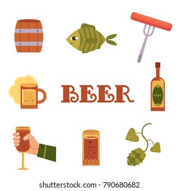 Set of flat style beer icons - bottle, mug, glass in hand, malt, hop, fish, sausage, barrel, vector illustration isolated on white background. Flat set of beer bottle, mug, glass, sausage, fish, hop