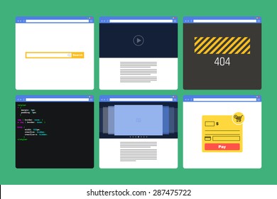 Set of Flat Style browser windows with content. Page 404, page code, form paymen, photo slideshow, search bar, video player