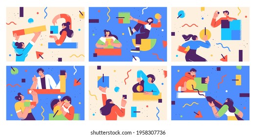 Set of Flat style business backgrounds. Different business people interacting and communicating. Casual business concept vector