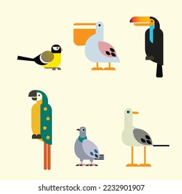 set of flat style cartoon birds, vector illustration