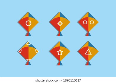 conjunto de cometas de dibujos animados de estilo plano diseñadas con círculos e ilustraciones vectoriales de estrella cuadrada.