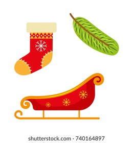 Set of flat style Christmas icons - stocking, Santa sleigh and fir tree branch, decoration elements, vector illustration on white background. Set of Christmas icons - stocking, sleigh, fir tree twig