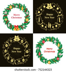 Set of flat style Christmas wreaths, golden on dark and colorful on white, with fir branches, festive baubles, stars, garlands, bells and lighted candles. Christmas and New Year design elements.