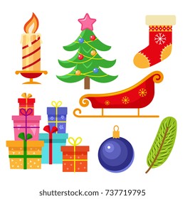 Set of flat style colorful Christmas icons - Xmas tree, stocking, present box, Santa sleigh, ball and candle, vector illustration isolated on white background. Set of flat style Christmas icons