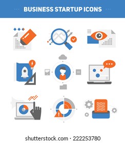 Set of flat style concepts of starting new business, developing growth strategy, launching project, analyzing business results.